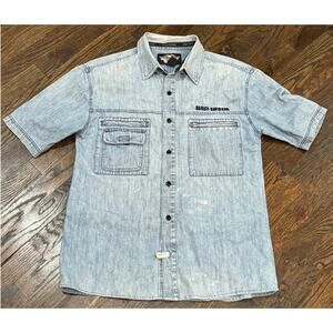 Vintage  Y2K Harley Davidson Men's Short Sleeve Denim Button Up Shirt Size L